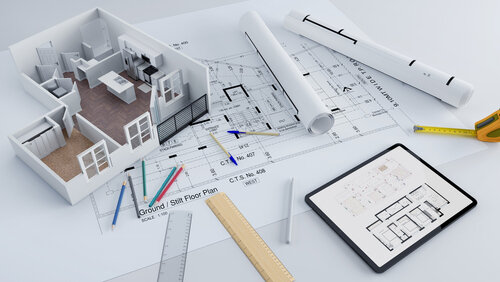 3D rendering of a apartment architectural model with blueprints, elevation , drawing , floor plan ,interior design plan  other documents