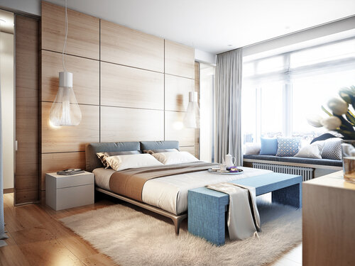 Bright and cozy modern bedroom with dressing room, large window and broad window sill for read with soft seats and cushions. 3d render