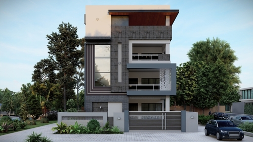 Modern three-storey house with balcony and gate | Ultratech