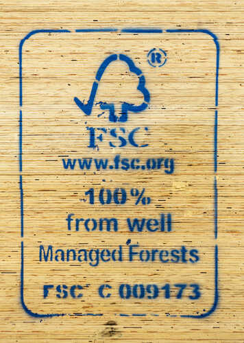 Santos, São Paulo Brazil - November 12, 2020: Close up of Forest Stewardship Council FSC logo stamp in plywood sheets for export. Concept of timber, environment, conservation, sustainable, wood.