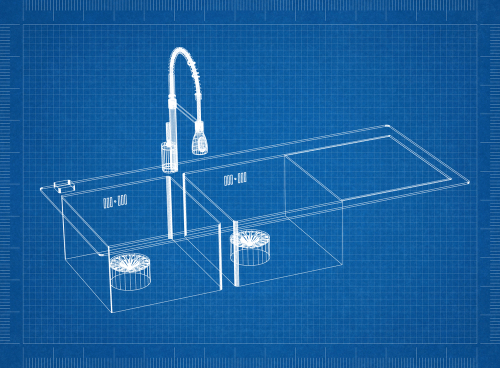 Blue plan of a kitchen sink with a soap dispenser | Ultratech