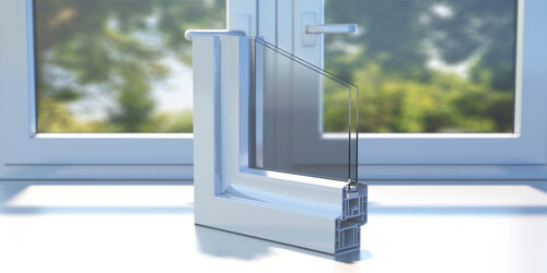 Aluminum profile frame double glazing cross section on a closed window sill. Energy efficient thermal insulation concept, room interior. 3D illustration