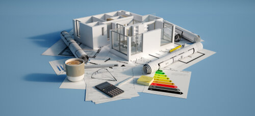 Modern house project planning ke liye blueprint aur energy scale