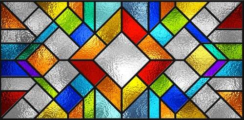 Stained glass window. Abstract colorful stained-glass background. Art Deco geometric decor for interior. Vintage pattern. Luxury modern interior. Transparency. Multicolor template for design interior.