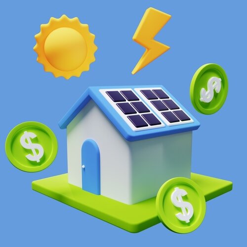 Eco-friendly smart home. Solar-powered house, money saving concept for getting free energy from the sun. 3d render illustration.